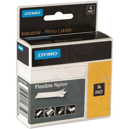 DYMO Rhino Joustonailonteippi 12mm Musta teksti, valkoinen pohja