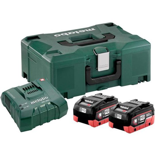 Metabo Bas-set Latauspaketti 2 kpl 8,0 Ah:n akkuja, laturi ja laukku
