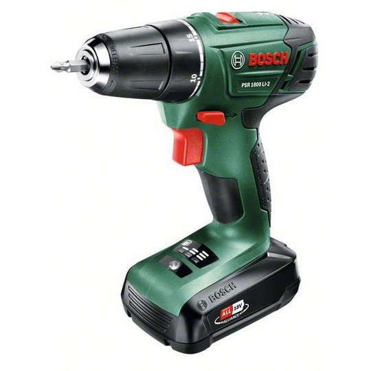 Bosch DIY PSR 1800 LI-2 Porakone-ruuvinväännin sis. 2 kpl 1,5 Ah akkua ja laturi