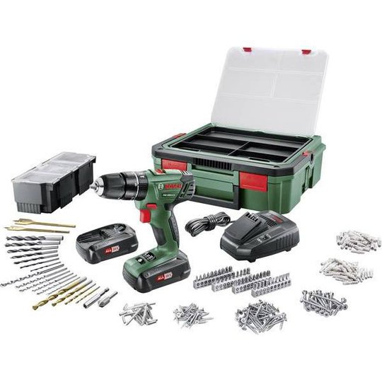 Bosch DIY PSR 1800 LI-2 + SystemBox Porakone-ruuvinväännin sis. lisätarvikesarjan, akun ja laturin